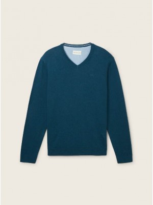 Tom Tailor Basic V-neck knit hockey blue dark melange | Freewear Basic V-neck knit - www.freewear.nl - Freewear