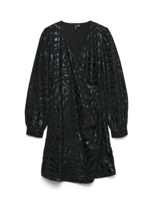 Vero Moda VMCARLA FOIL L/S SHORT WRAP DRESS W: Black/Black zebra foil | Freewear VMCARLA FOIL L/S SHORT WRAP DRESS W: - www.freewear.nl - Freewear