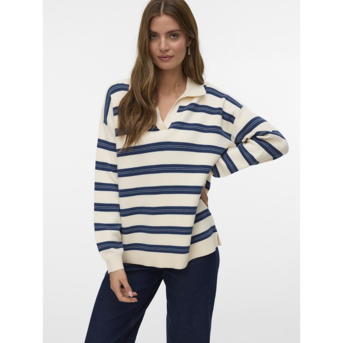 Vero Moda VMGOLD STRIPE LS LONG POLONECK PULL: Birch/W. DARK DENIM | Freewear VMGOLD STRIPE LS LONG POLONECK PULL: - www.freewear.nl - Freewear