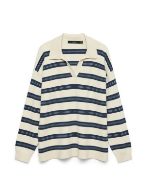 Vero Moda VMGOLD STRIPE LS LONG POLONECK PULL: Birch/W. DARK DENIM | Freewear VMGOLD STRIPE LS LONG POLONECK PULL: - www.freewear.nl - Freewear