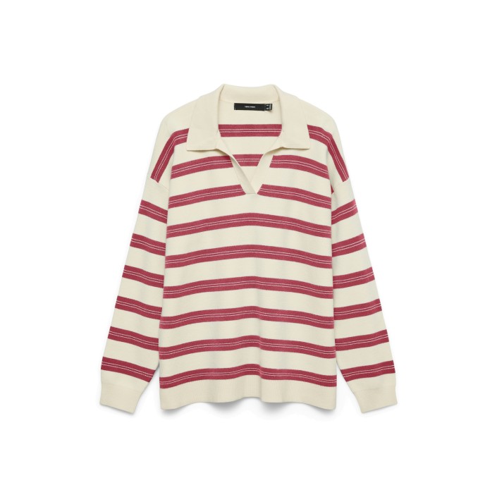 Vero Moda VMGOLD STRIPE LS LONG POLONECK PULL: Birch/W. HOLLY BERRY | Freewear VMGOLD STRIPE LS LONG POLONECK PULL: - www.freewear.nl - Freewear