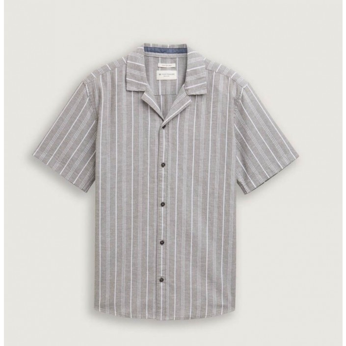 Tom Tailor Striped cotton linen shirt olive white stripe | Freewear Striped cotton linen shirt - www.freewear.nl - Freewear