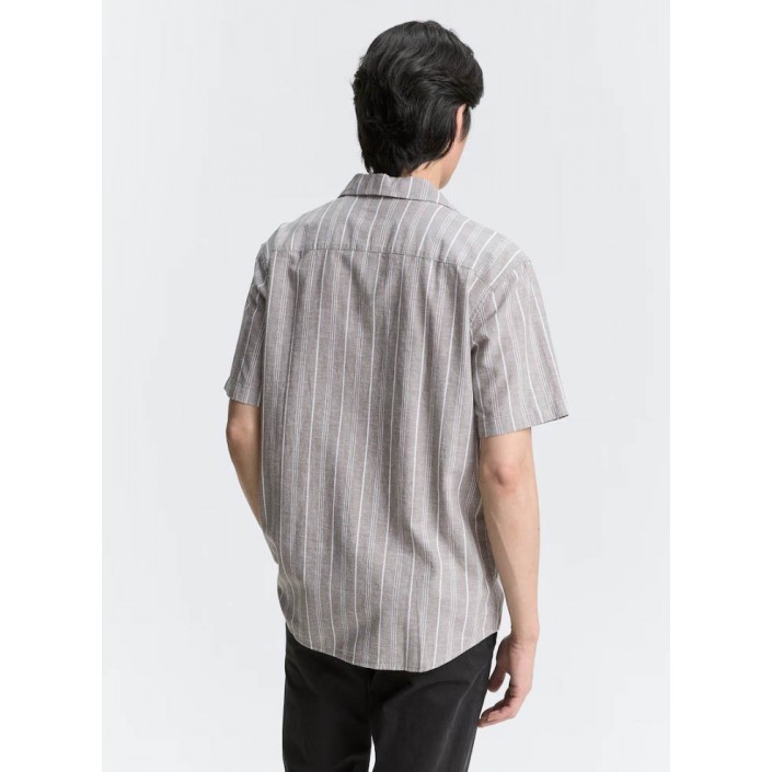Tom Tailor Striped cotton linen shirt olive white stripe | Freewear Striped cotton linen shirt - www.freewear.nl - Freewear