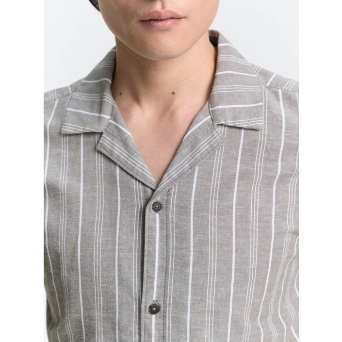 Tom Tailor Striped cotton linen shirt olive white stripe | Freewear Striped cotton linen shirt - www.freewear.nl - Freewear