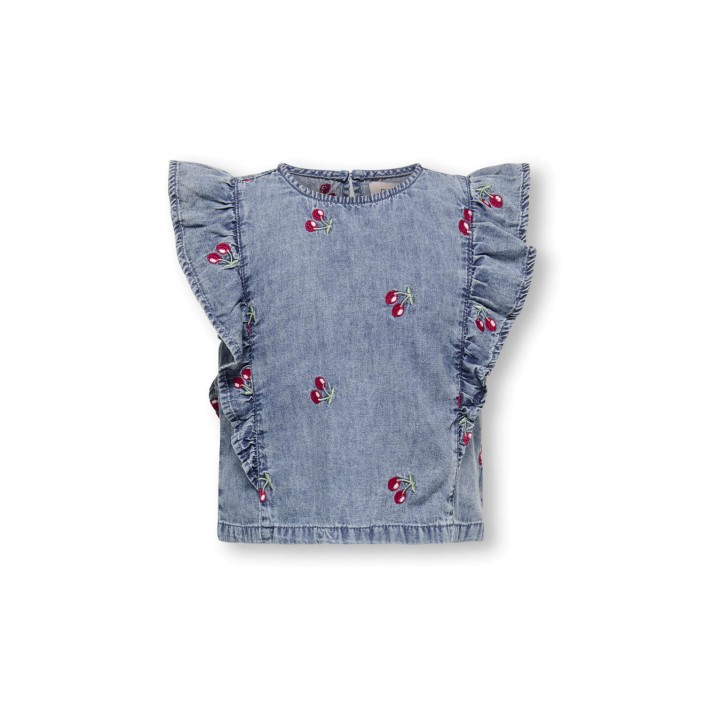 ONLY:KIDS ONLY KMGDANDY FRILL CHERRY TOP DNM Medium Blue Denim/CHERRY EMBROID | Freewear KMGDANDY FRILL CHERRY TOP DNM - www.freewear.nl - Freewear