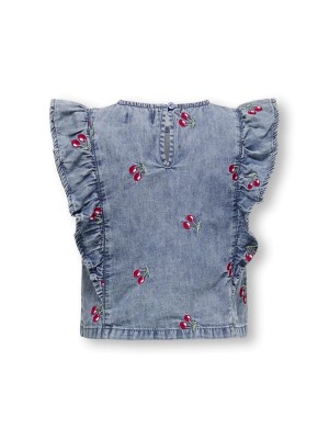 ONLY:KIDS ONLY KMGDANDY FRILL CHERRY TOP DNM Medium Blue Denim/CHERRY EMBROID | Freewear KMGDANDY FRILL CHERRY TOP DNM - www.freewear.nl - Freewear