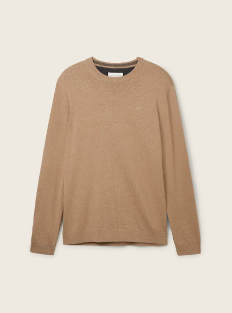 Basic Crewneck Gebreid in Hazel Brown Melange Tom Tailor , Brown , Heren