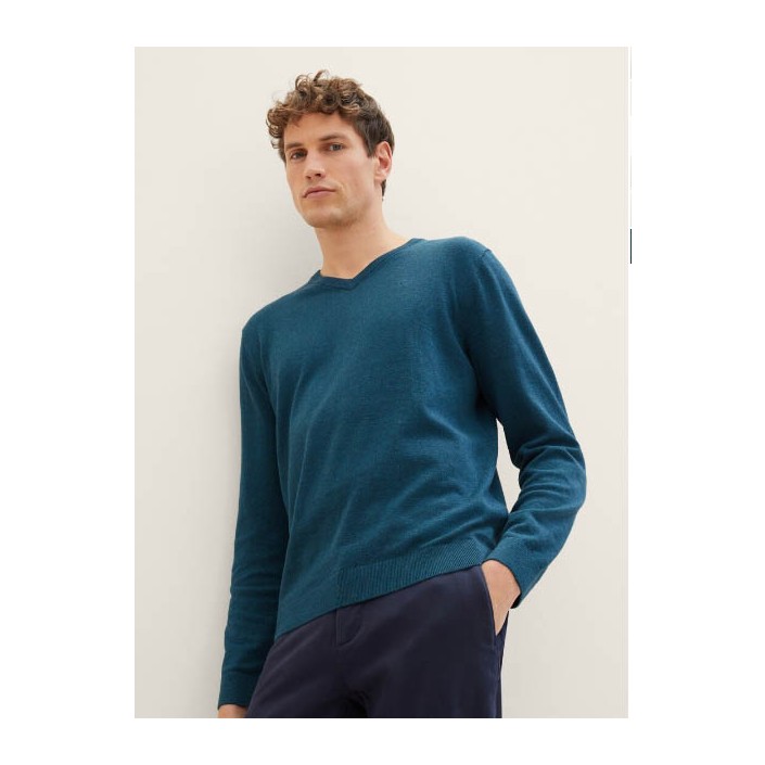 Tom Tailor Basic V-neck knit hockey blue dark melange | Freewear Basic V-neck knit - www.freewear.nl - Freewear