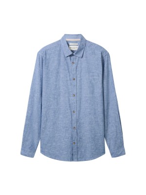 Tom Tailor Cotton Linen Shirt leasure blue chambray | Freewear Cotton Linen Shirt - www.freewear.nl - Freewear