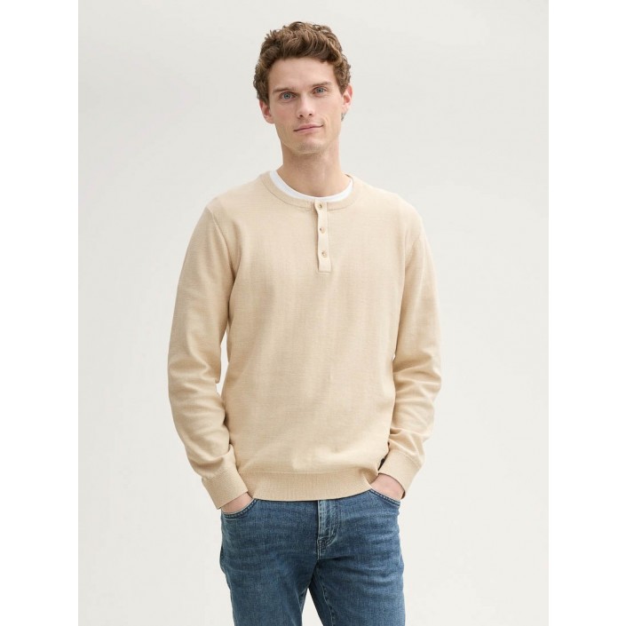 Tom Tailor Fine Striped Knit Henley light cashew tonal | Freewear Fine Striped Knit Henley - www.freewear.nl - Freewear
