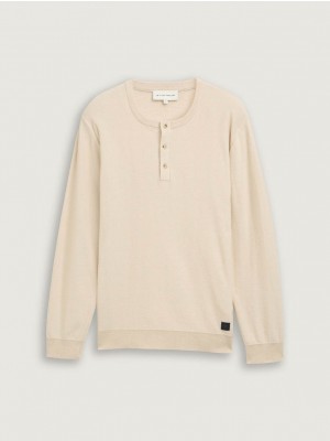 Tom Tailor Fine Striped Knit Henley light cashew tonal | Freewear Fine Striped Knit Henley - www.freewear.nl - Freewear