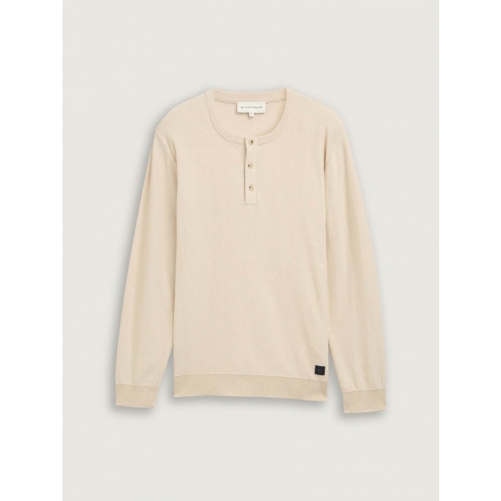 Tom Tailor Fine Striped Knit Henley light cashew tonal | Freewear Fine Striped Knit Henley - www.freewear.nl - Freewear