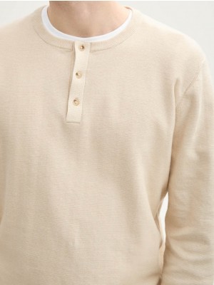 Tom Tailor Fine Striped Knit Henley light cashew tonal | Freewear Fine Striped Knit Henley - www.freewear.nl - Freewear