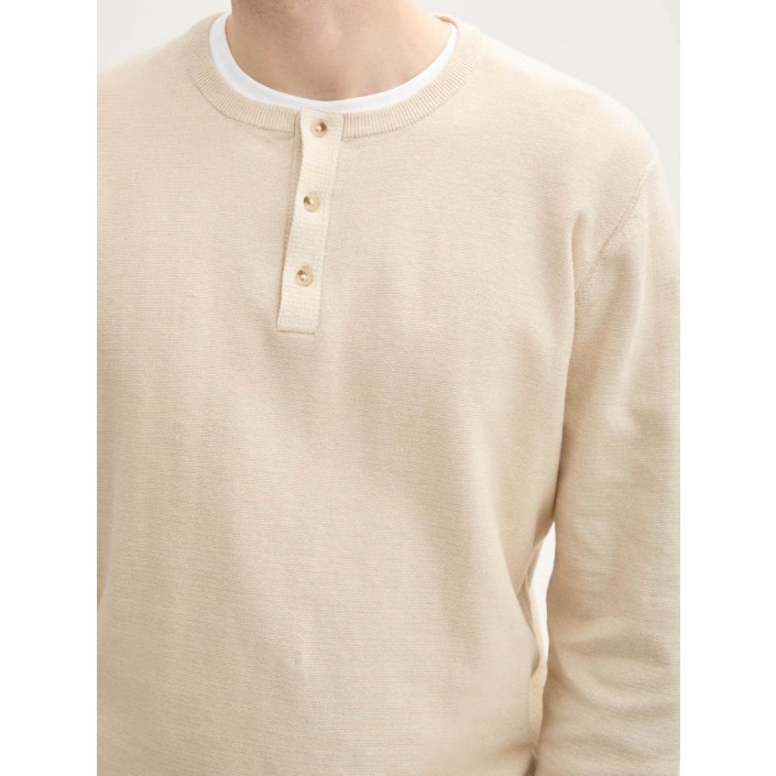 Tom Tailor Fine Striped Knit Henley light cashew tonal | Freewear Fine Striped Knit Henley - www.freewear.nl - Freewear