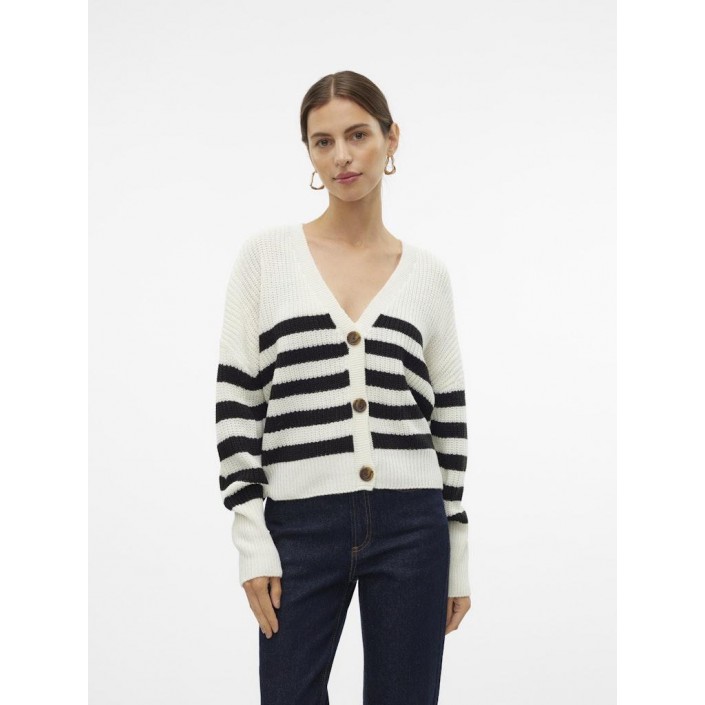 Vero Moda VMLEA LS V-NECK CUFF CARDIGAN NOOS Cloud Dancer/BLACK | Freewear VMLEA LS V-NECK CUFF CARDIGAN NOOS - www.freewear.nl - Freewear