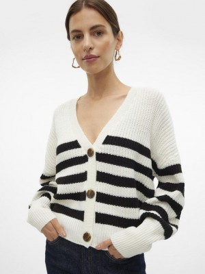 Vero Moda VMLEA LS V-NECK CUFF CARDIGAN NOOS Cloud Dancer/BLACK | Freewear VMLEA LS V-NECK CUFF CARDIGAN NOOS - www.freewear.nl - Freewear