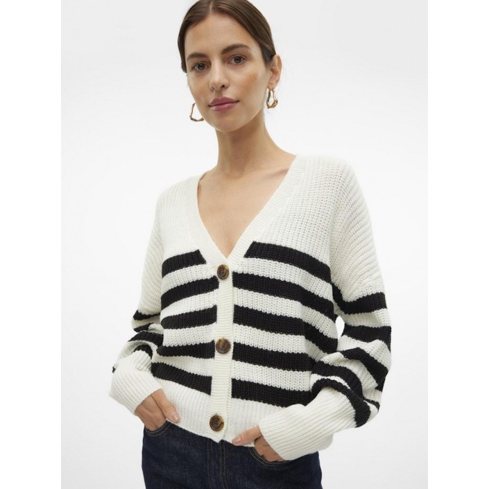 Vero Moda VMLEA LS V-NECK CUFF CARDIGAN NOOS Cloud Dancer/BLACK | Freewear VMLEA LS V-NECK CUFF CARDIGAN NOOS - www.freewear.nl - Freewear