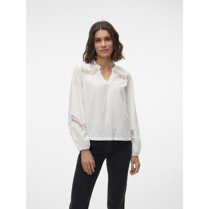 Vero Moda VMTEA INSERT LS TOP WVN Snow White | Freewear VMTEA INSERT LS TOP WVN - www.freewear.nl - Freewear