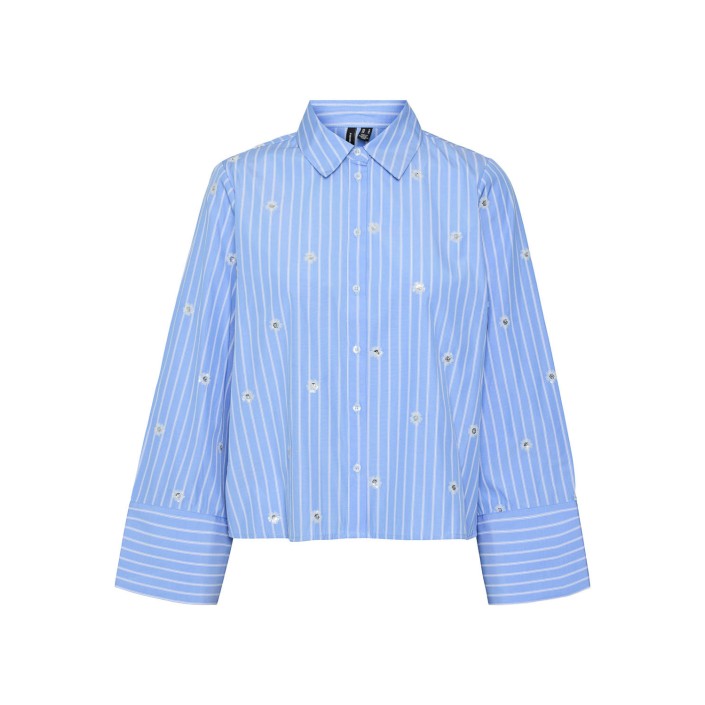 Vero Moda VMLEILA LS LOOSE SHORT SHIRT WVN Cornflower Blue/Snow white | Freewear VMLEILA LS LOOSE SHORT SHIRT WVN - www.freewear.nl - Freewear
