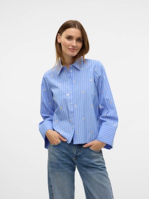 Vero Moda VMLEILA LS LOOSE SHORT SHIRT WVN Cornflower Blue/Snow white | Freewear VMLEILA LS LOOSE SHORT SHIRT WVN - www.freewear.nl - Freewear