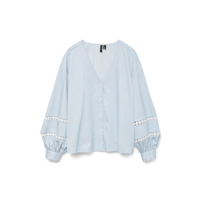 Vero Moda VMJANNI TAPE LS V-NECK TOP WVN GA L: Cashmere Blue/Snow white | Freewear VMJANNI TAPE LS V-NECK TOP WVN GA L: - www.freewear.nl - Freewear