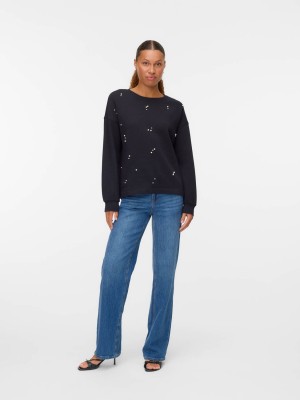 Vero Moda VMFATILDA L/S SWEATSHIRT JRS BTQ Black/TONE-IN-TONE PEARLS | Freewear VMFATILDA L/S SWEATSHIRT JRS BTQ - www.freewear.nl - Freewear