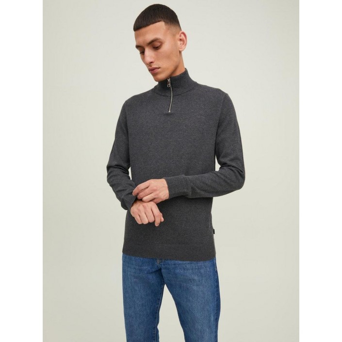 Jack & Jones:JACK&JONES ESSENTIALS JJEEMIL KNIT HALF ZIP NOOS Dark Grey Melange | Freewear JJEEMIL KNIT HALF ZIP NOOS - www.freewear.nl - Freewear