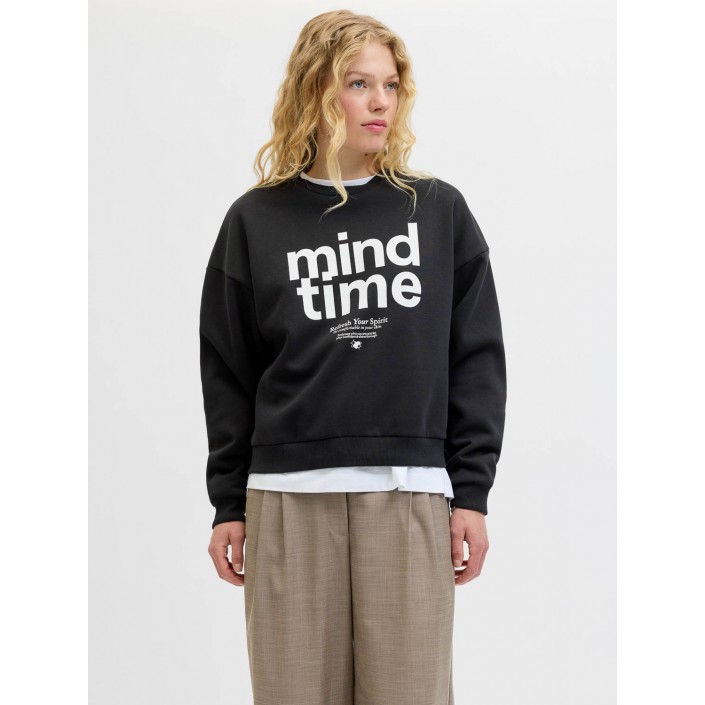 JACK&JONES ORIGINALS JXMIMI RLX LS PRINT CREW SWT Black/Mind time | Freewear JXMIMI RLX LS PRINT CREW SWT - www.freewear.nl - Freewear
