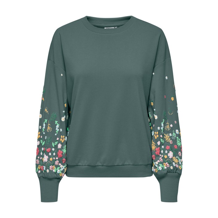 Only ONLBROOKE L/S O-NECK FLOWER SWT NOO: Balsam Green/Sleeve multi flower | Freewear ONLBROOKE L/S O-NECK FLOWER SWT NOO: - www.freewear.nl - Freewear