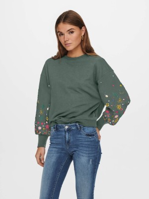Only ONLBROOKE L/S O-NECK FLOWER SWT NOO: Balsam Green/Sleeve multi flower | Freewear ONLBROOKE L/S O-NECK FLOWER SWT NOO: - www.freewear.nl - Freewear