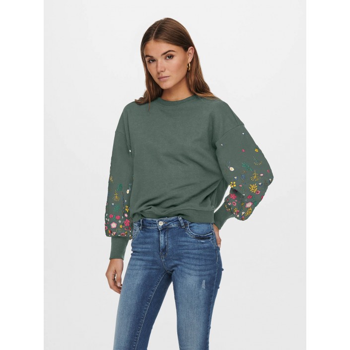Only ONLBROOKE L/S O-NECK FLOWER SWT NOO: Balsam Green/Sleeve multi flower | Freewear ONLBROOKE L/S O-NECK FLOWER SWT NOO: - www.freewear.nl - Freewear