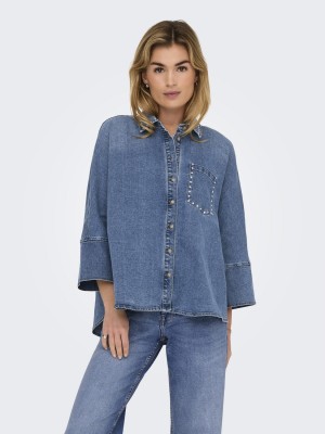Only ONLGRACE 3/4 SL STUD DNM SHIRT GUA Medium Blue Denim | Freewear ONLGRACE 3/4 SL STUD DNM SHIRT GUA - www.freewear.nl - Freewear