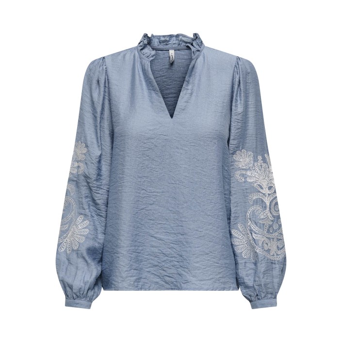 Only ONLNEW MALOU L/S TOP PTM Faded Denim/Cloud dancer emb | Freewear ONLNEW MALOU L/S TOP PTM - www.freewear.nl - Freewear