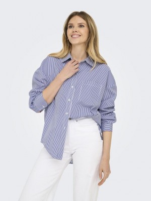 Only ONLEMA WO LS LOOSE SHIRT XT WVN Bright White/MAZARINE BLUE | Freewear ONLEMA WO LS LOOSE SHIRT XT WVN - www.freewear.nl - Freewear