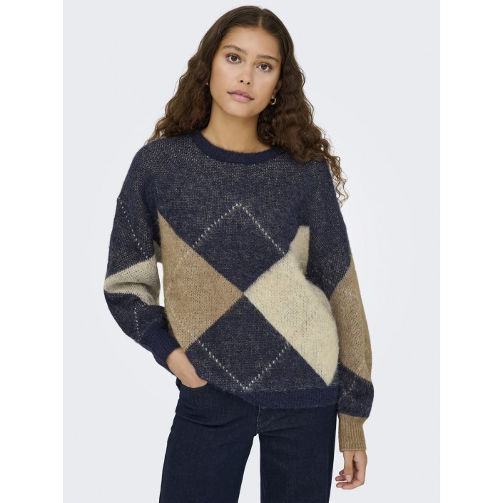 Only ONLNOEME LIFE LS JQ O-NECK KNT Night Sky/Cocoa Creme/Biscotti/M | Freewear ONLNOEME LIFE LS JQ O-NECK KNT - www.freewear.nl - Freewear