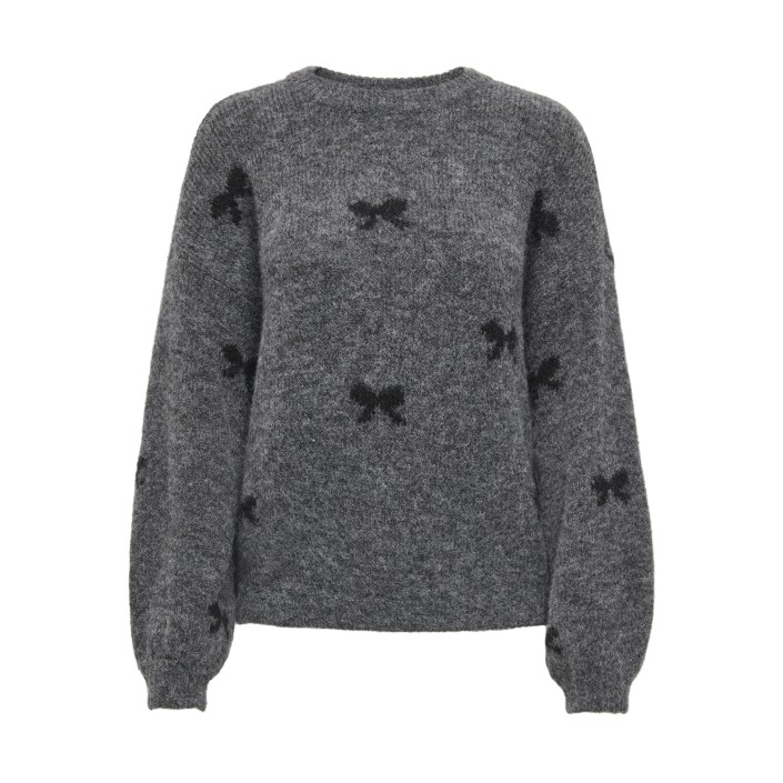 Only ONLBRUNHILDA LIFE LS BOW O-NECK KNT Medium Grey Melange/Black/Mini B | Freewear ONLBRUNHILDA LIFE LS BOW O-NECK KNT - www.freewear.nl - Freewear