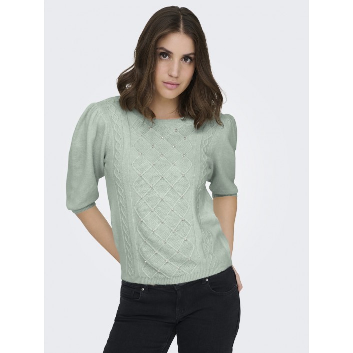 Only ONLGLORIA LIFE SS PEARL O-NECK CC K: Green Lily/Melange/White Pearls | Freewear ONLGLORIA LIFE SS PEARL O-NECK CC K: - www.freewear.nl - Freewear