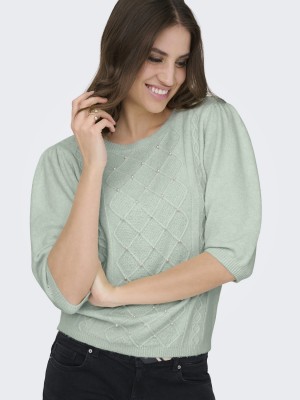 Only ONLGLORIA LIFE SS PEARL O-NECK CC K: Green Lily/Melange/White Pearls | Freewear ONLGLORIA LIFE SS PEARL O-NECK CC K: - www.freewear.nl - Freewear