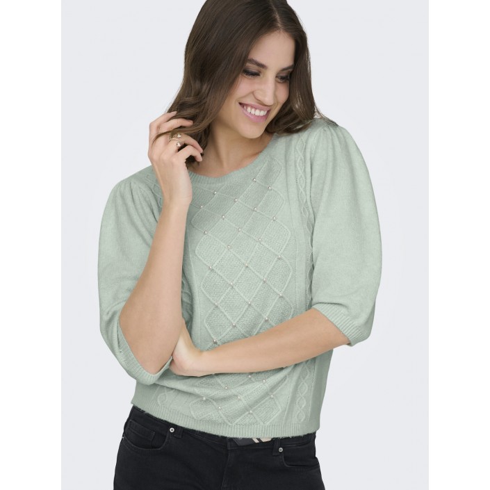 Only ONLGLORIA LIFE SS PEARL O-NECK CC K: Green Lily/Melange/White Pearls | Freewear ONLGLORIA LIFE SS PEARL O-NECK CC K: - www.freewear.nl - Freewear