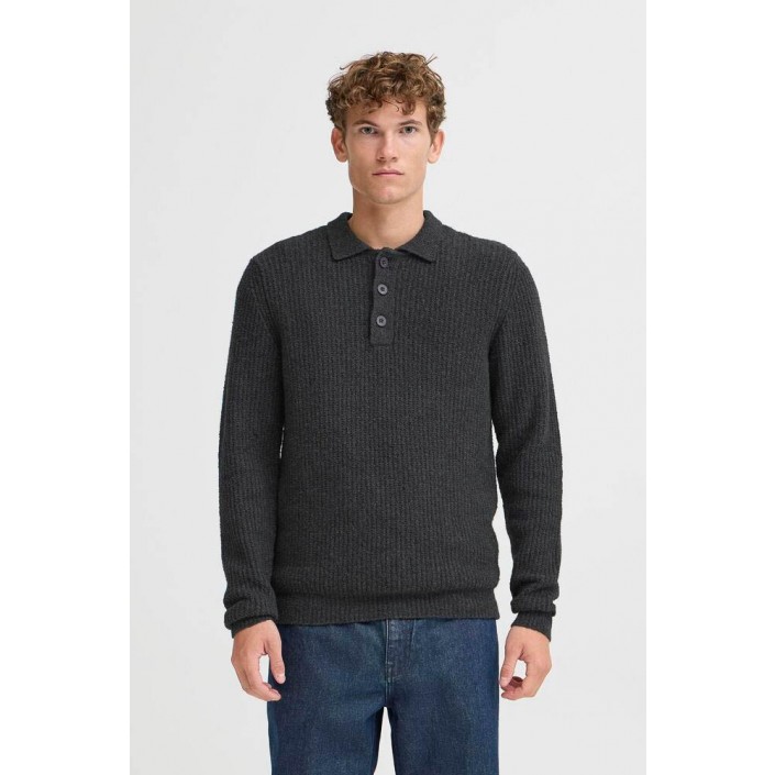 Casual Friday CFGAHN 1X1 RIB POLO KNIT:Knit CHARCOAL GRAY MELANGE | Freewear CFGAHN 1X1 RIB POLO KNIT:Knit - www.freewear.nl - Freewear