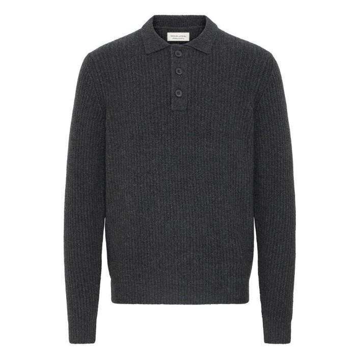 Casual Friday CFGAHN 1X1 RIB POLO KNIT:Knit CHARCOAL GRAY MELANGE | Freewear CFGAHN 1X1 RIB POLO KNIT:Knit - www.freewear.nl - Freewear