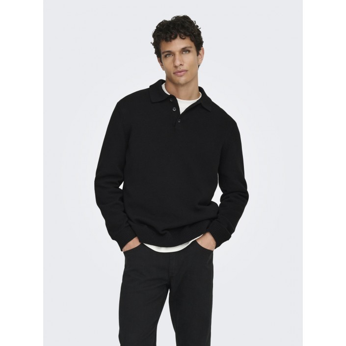 ONLY&SONS ONSHOPE RLX  LS POLO KNIT LIFE Black | Freewear ONSHOPE RLX  LS POLO KNIT LIFE - www.freewear.nl - Freewear