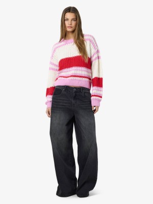 Noisy May NMCHARLIE L/S O-NECK KNIT NOOS Birch/TOMATO + BON BON | Freewear NMCHARLIE L/S O-NECK KNIT NOOS - www.freewear.nl - Freewear