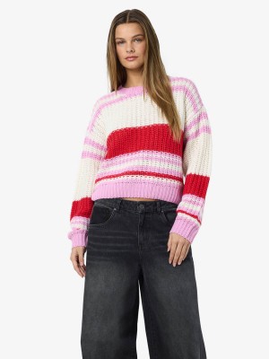 Noisy May NMCHARLIE L/S O-NECK KNIT NOOS Birch/TOMATO + BON BON | Freewear NMCHARLIE L/S O-NECK KNIT NOOS - www.freewear.nl - Freewear