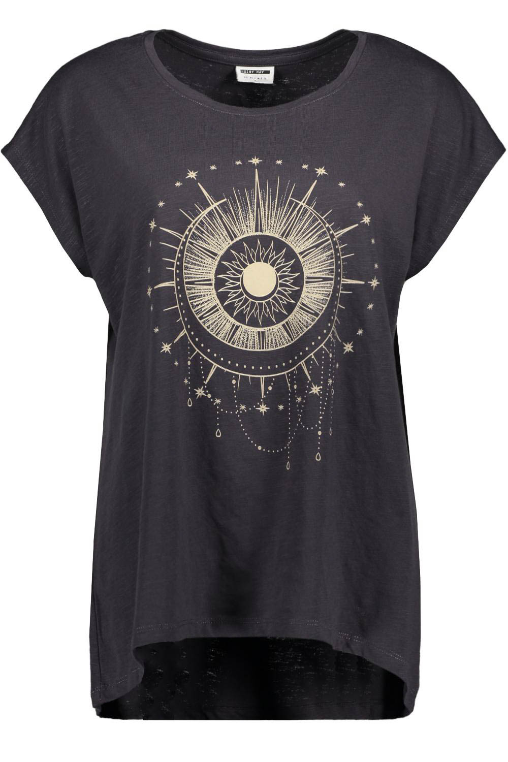 Noisy may T-shirt Nmmathilde S/s Printed Long Top Bg 27021633 Obsidian/sun&moon P Dames Maat - S