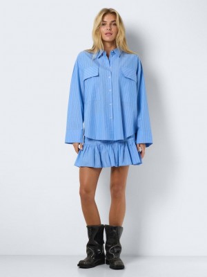 Noisy May NMFREJA L/S SHIRT PINSTRIPES WVN Cashmere Blue/BLACK | Freewear NMFREJA L/S SHIRT PINSTRIPES WVN - www.freewear.nl - Freewear
