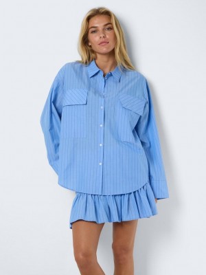 Noisy May NMFREJA L/S SHIRT PINSTRIPES WVN Cashmere Blue/BLACK | Freewear NMFREJA L/S SHIRT PINSTRIPES WVN - www.freewear.nl - Freewear
