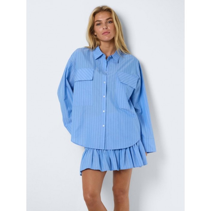 Noisy May NMFREJA L/S SHIRT PINSTRIPES WVN Cashmere Blue/BLACK | Freewear NMFREJA L/S SHIRT PINSTRIPES WVN - www.freewear.nl - Freewear