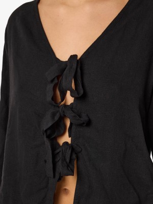 Noisy May NMLEILANI L/S V-NECK TIE BLOUSE WVN Black | Freewear NMLEILANI L/S V-NECK TIE BLOUSE WVN - www.freewear.nl - Freewear