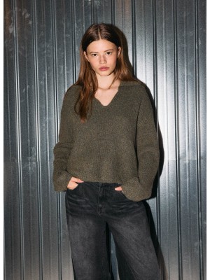 Noisy May NMNELLA L/S POLO WIDE SLEEVE KNIT F: Kalamata/MELANGE | Freewear NMNELLA L/S POLO WIDE SLEEVE KNIT F: - www.freewear.nl - Freewear